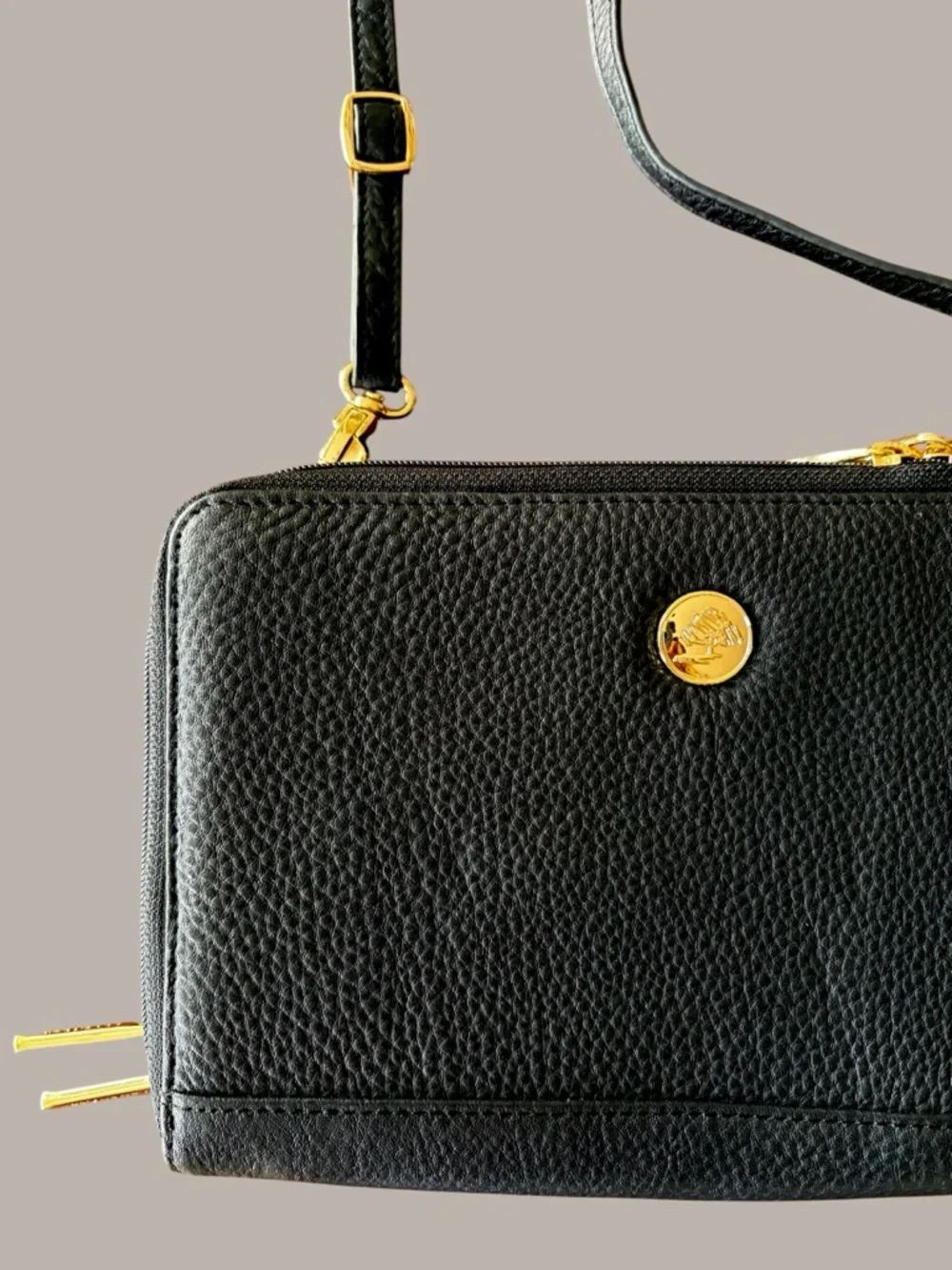 Levenger Black Pebbled Leather Crossbody with Gold Hardware